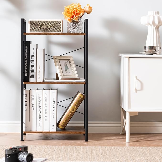 HCHQHS Small Bookshelf, Adjustable 3-Tier Industrial Bookcase, Rustic Open Book Shelf, Wood and Metal Horizontal Bookshelves - LeafyLoom