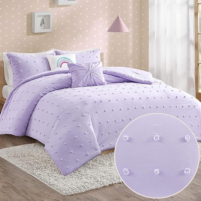 Callie Cotton Jacquard Weave Colorful Pom Pom Kids Comforter sets, Down Alternative Shabby Chic All Season Girls Bedding, Bedroom Decor, Twin/Twin XL, Lavender 4 Piece - LeafyLoom