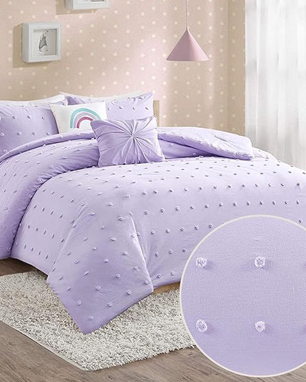 Callie Cotton Jacquard Weave Colorful Pom Pom Kids Comforter sets, Down Alternative Shabby Chic All Season Girls Bedding, Bedroom Decor, Full/Queen, Lavender 5 Piece - LeafyLoom