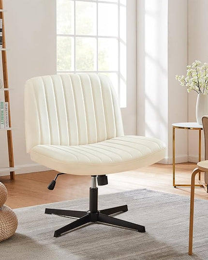 Sweetcrispy Criss Cross Chair Legged, Armless Office Desk Chair No Wheels, Swivel Vanity Chair, Height Adjustable Wide Seat Computer Task Chair, Fabric Vanity Modern Home Chair Cream - LeafyLoom
