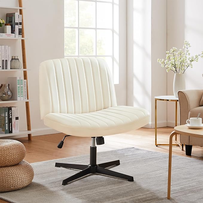 Sweetcrispy Criss Cross Chair Legged, Armless Office Desk Chair No Wheels, Swivel Vanity Chair, Height Adjustable Wide Seat Computer Task Chair, Fabric Vanity Modern Home Chair Cream - LeafyLoom