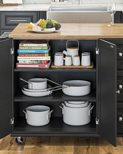 Homestyles Dolly Madison Kitchen Cart with Wood Top and Drop Leaf Breakfast Bar, Rolling Mobile Kitchen Island with Storage and Towel Rack, 54 Inch Width, Black - LeafyLoom