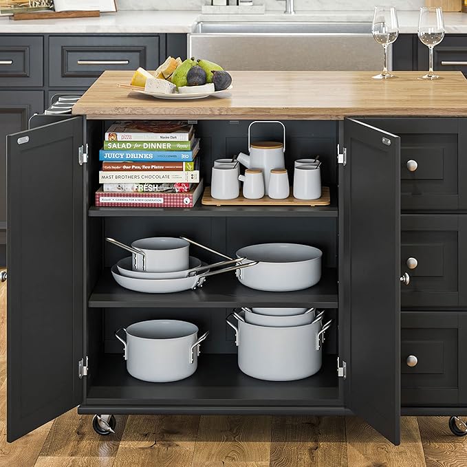 Homestyles Dolly Madison Kitchen Cart with Wood Top and Drop Leaf Breakfast Bar, Rolling Mobile Kitchen Island with Storage and Towel Rack, 54 Inch Width, Black - LeafyLoom