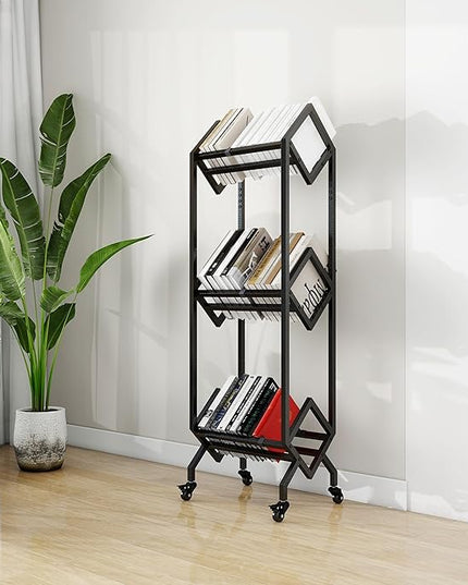 Bookshelf Book Cart Rack Industrial Metal Bookcase 3 Tier Holder with Wheels Modern Stylish Design Magazines Files Album Recipe Book Storage Organizer for Sofa End Bed Beside (3 Tier) - LeafyLoom