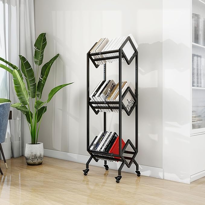 Bookshelf Book Cart Rack Industrial Metal Bookcase 3 Tier Holder with Wheels Modern Stylish Design Magazines Files Album Recipe Book Storage Organizer for Sofa End Bed Beside (3 Tier) - LeafyLoom