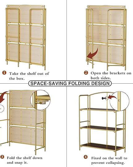 No Assembly Folding Bookshelf, 3 Tier Gold Bookshelf, Metal Book Shelf for Storage, Folding Bookcase for Office Organization and Storage, 12.87" D x 30.9" W x 42.33" H - LeafyLoom