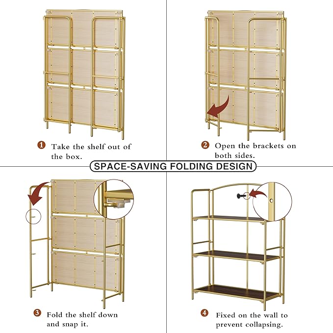 No Assembly Folding Bookshelf, 3 Tier Gold Bookshelf, Metal Book Shelf for Storage, Folding Bookcase for Office Organization and Storage, 12.87" D x 30.9" W x 42.33" H - LeafyLoom