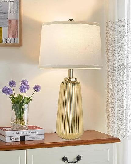 Ceramic Table Lamps Set of 2, 25Inch Modern Gold Table Lamps for Bedroom Living Room with 3 Color Temperature - 3000K/4000K/6000K, Coastal Lamps for Nightstand Bedside with 2 LED Bulbs, 9W - LeafyLoom