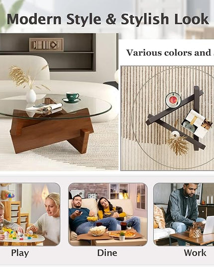 Coffee Table, Round Coffee Table for Living Room Modern Glass Coffee Table with Solid Wood Legs Farmhouse Mid Century Center Table Large Circle Cocktail Table (Walnut + Gray, 35.4in) - LeafyLoom