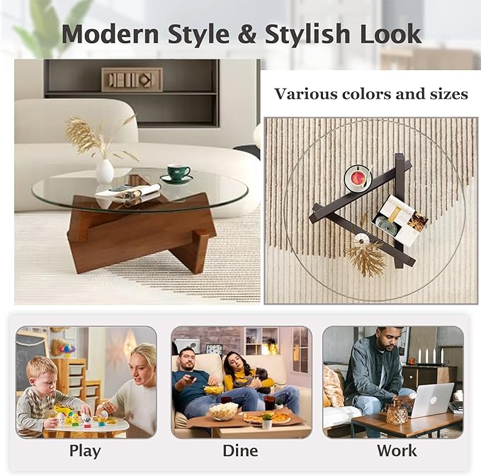 Coffee Table, Round Coffee Table for Living Room Modern Glass Coffee Table with Solid Wood Legs Farmhouse Mid Century Center Table Large Circle Cocktail Table (Walnut + Gray, 35.4in) - LeafyLoom
