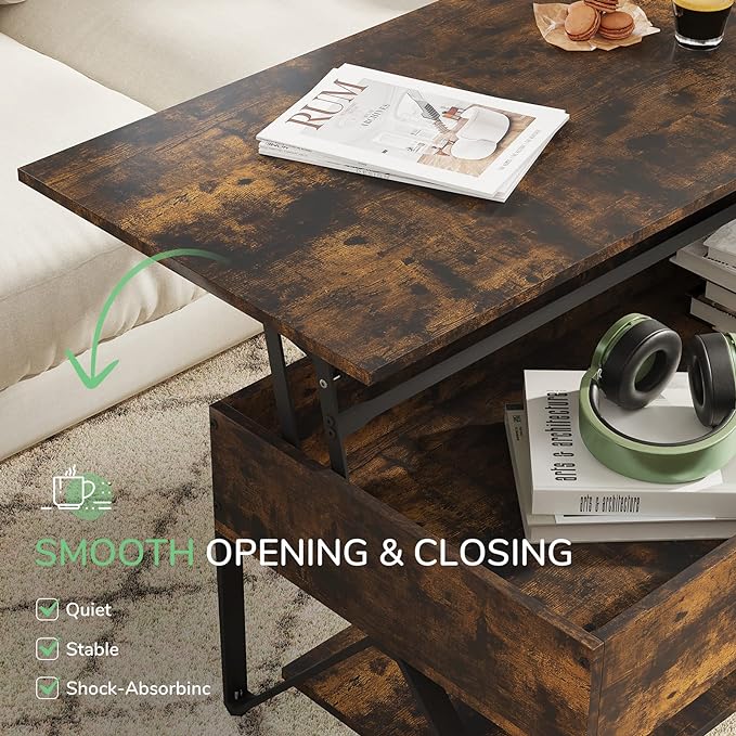 Novilla Lift Top Coffee Table with Storage 40 Inch Wood Lift Up Center Table for Living Room Tea Table with Hidden Compartment Rising Tabletop Table Cocktail Table, Rustic Brown - LeafyLoom