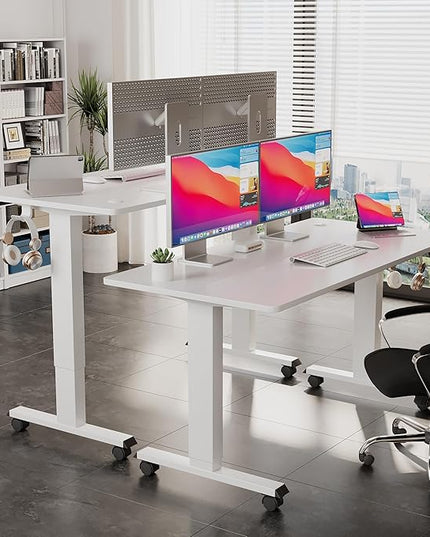 Electric Standing Desk 55 Inch, Ergonomic Height Adjustable Table with T-Shaped Metal Bracket Modern Computer Workstations for Home Office, White - LeafyLoom