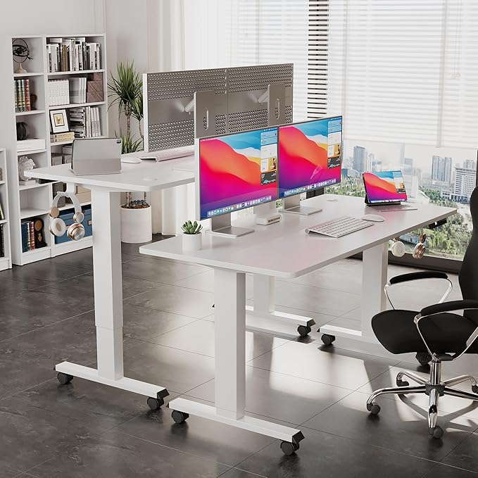 Electric Standing Desk 55 Inch, Ergonomic Height Adjustable Table with T-Shaped Metal Bracket Modern Computer Workstations for Home Office, White - LeafyLoom