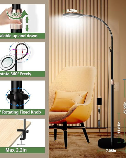 HITTI 10X&15X Floor Magnifying Glass with Light, Flexible Gooseneck Magnifying Floor Lamp, 3 Color Modes Stepless Dimmable LED Lighted Magnifier Stand for Close Work Jewellery Esthetican-Black - LeafyLoom