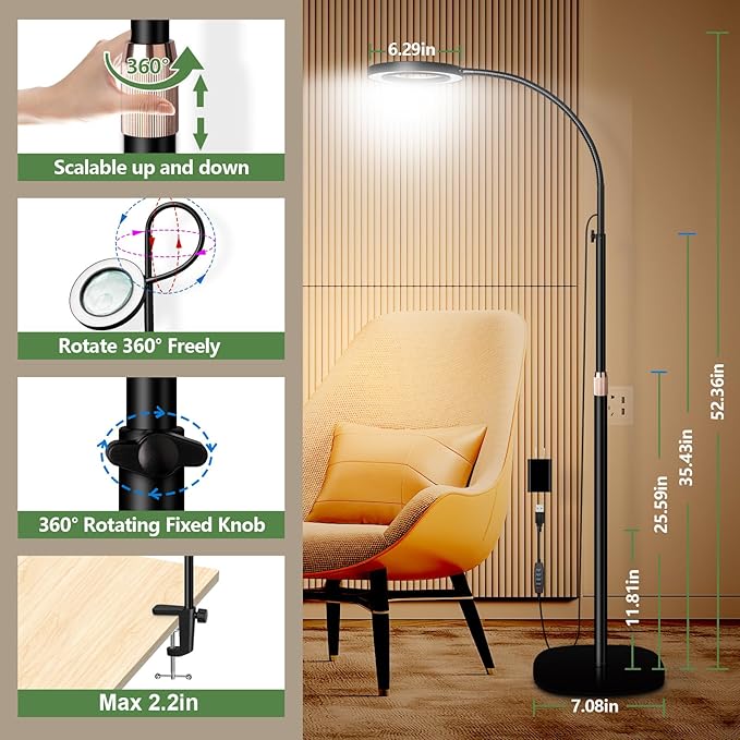 HITTI 10X&15X Floor Magnifying Glass with Light, Flexible Gooseneck Magnifying Floor Lamp, 3 Color Modes Stepless Dimmable LED Lighted Magnifier Stand for Close Work Jewellery Esthetican-Black - LeafyLoom