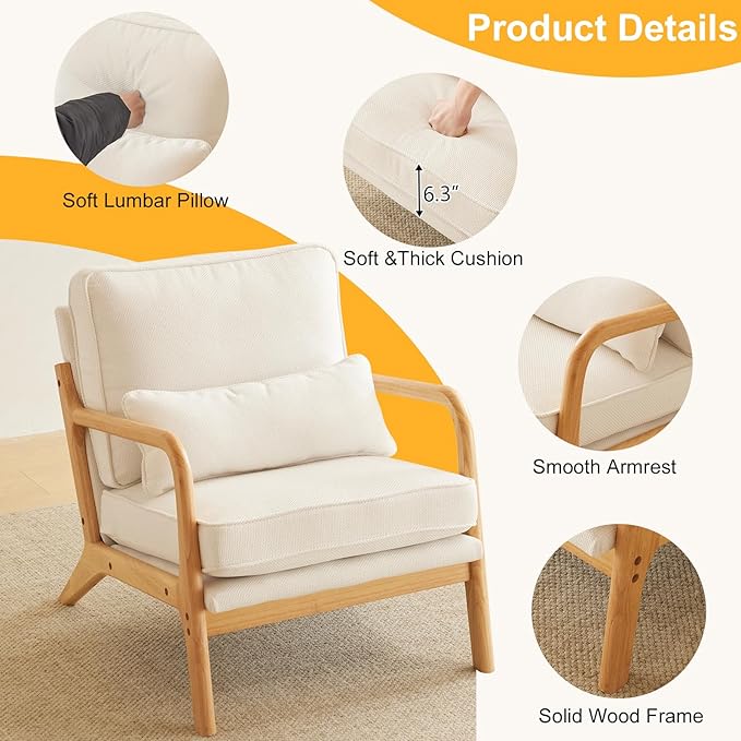 Bonnlo Coarse Beige Accent Chairs Set of 2, Upholstered Mid Century Modern Lounge Fabric Chairs Reading Chairs Side Sitting Chair Solid Wood Farmhouse Armchairs for Living Room, Bedroom, Guest Room - LeafyLoom