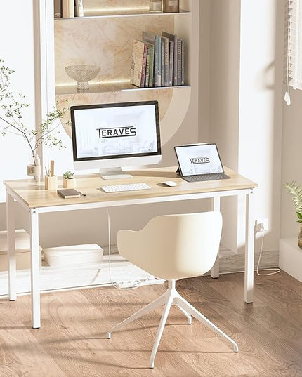 Teraves Computer desk/Dining Table Office Desk Sturdy Writing Workstation for Home Office (39.37“, Beige + White Frame) - LeafyLoom