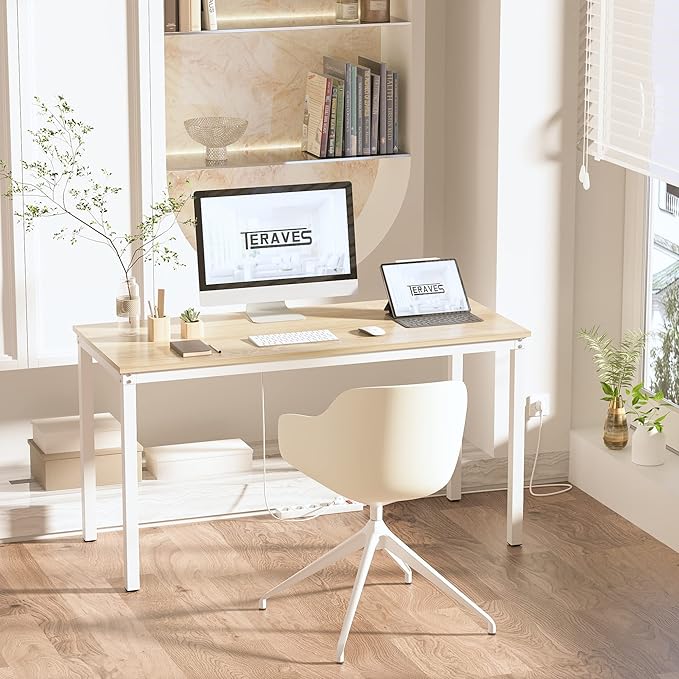 Teraves Computer desk/Dining Table Office Desk Sturdy Writing Workstation for Home Office (39.37“, Beige + White Frame) - LeafyLoom