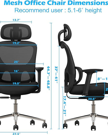 GABRYLLY Ergonomic Mesh Office Chair, Home Desk Chair with Adjustable Lumbar Support, 3D Armrest, Headrest, 4-Level Tilt Back, High Back Ergonomic Chairs with Wide Cushion Seat - LeafyLoom