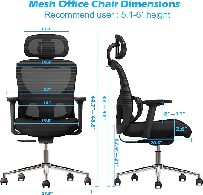 GABRYLLY Ergonomic Mesh Office Chair, Home Desk Chair with Adjustable Lumbar Support, 3D Armrest, Headrest, 4-Level Tilt Back, High Back Ergonomic Chairs with Wide Cushion Seat - LeafyLoom