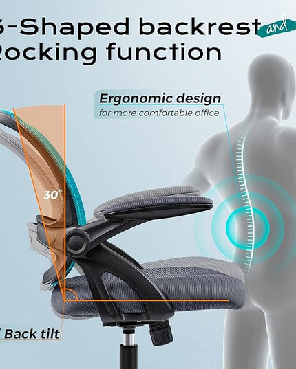 KERDOM Office Chair, Ergonomic Desk Chair, Mesh Computer Chair Height Adjustable, Comfy Swivel Task Chair with Wheels and Flip-up Arms - LeafyLoom