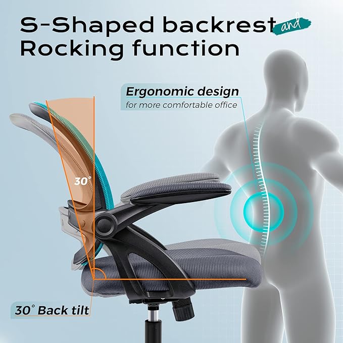 KERDOM Office Chair, Ergonomic Desk Chair, Mesh Computer Chair Height Adjustable, Comfy Swivel Task Chair with Wheels and Flip-up Arms - LeafyLoom