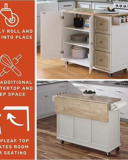 Homestyles Mobile Kitchen Island Cart with Wood Drop Leaf Breakfast Bar, Off White,Soft White, 54 Inch Width - LeafyLoom