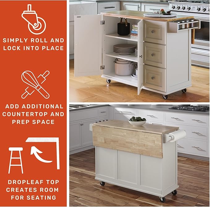 Homestyles Mobile Kitchen Island Cart with Wood Drop Leaf Breakfast Bar, Off White,Soft White, 54 Inch Width - LeafyLoom