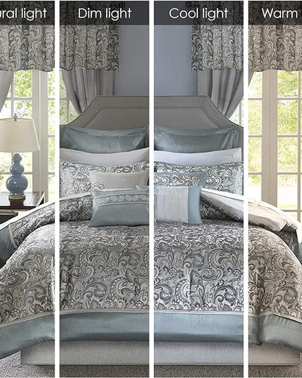 Madison Park 24 Piece Faux Silk Paisley Queen Comforter Set with Matching Curtains, Down Alternative Hypoallergenic - Teal - LeafyLoom