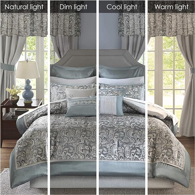 Madison Park 24 Piece Faux Silk Paisley Queen Comforter Set with Matching Curtains, Down Alternative Hypoallergenic - Teal - LeafyLoom