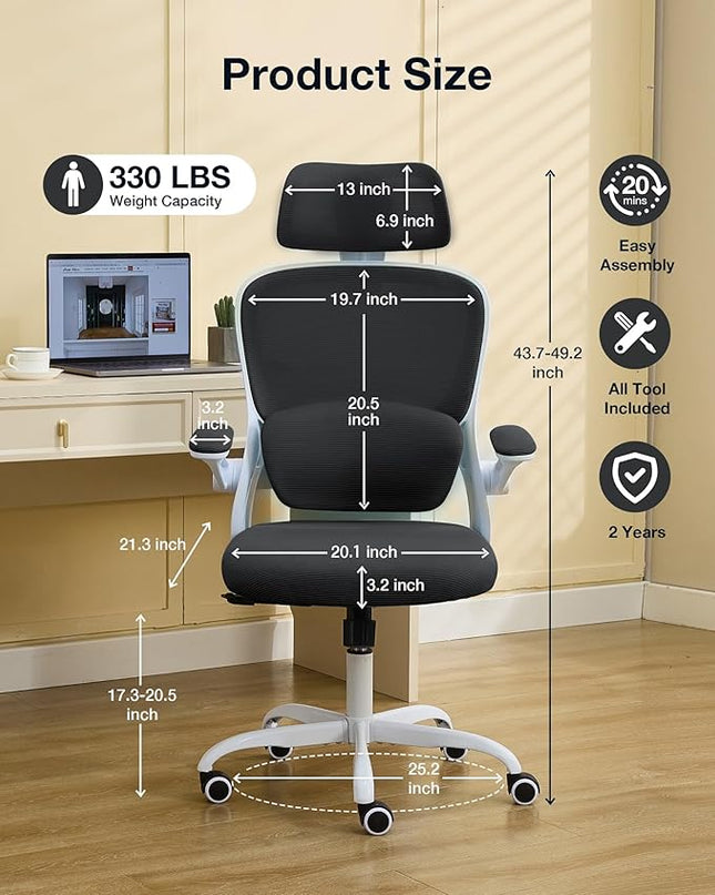 Ergonomic Office Chair with Tilt-Lock, Home Office Desk Chair with Auto Lumbar Support, High Back Mesh Desk Chair with Adjustable Headrest, Swivel Task Chair or Study Bedroom,Black and White - LeafyLoom