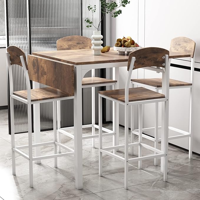 NicBex Small Dining Table Set for 4 Counter Height Dining Table Set Modern 3-Piece Round Dining Table Set with Drop Leaf and 2 Chairs for Small Places, Space-Saving, Rustic Brown - LeafyLoom