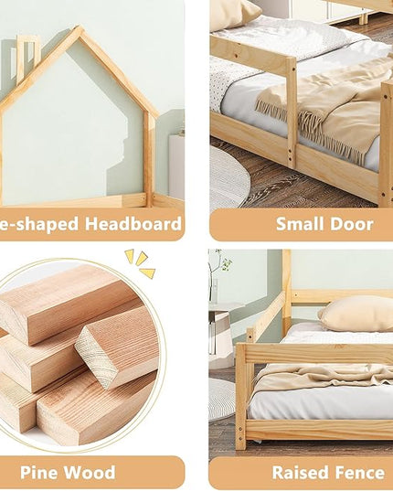 Bellemave Twin Size House-Shaped Headboard Floor Bed with Fence,Wooden Montessori Floor Bed for Kids,House Bed Twin Frame for Girls,Boys (Natural) - LeafyLoom