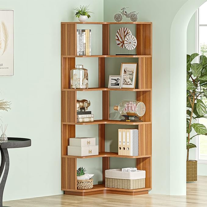 6-Shelf Corner Bookshelf, 65” Tall L Shaped Bookcase, 6-Tier Industrial Corner Shelf Storage Display Rack for Living Room Home Office, Wood Grain Walnut - LeafyLoom
