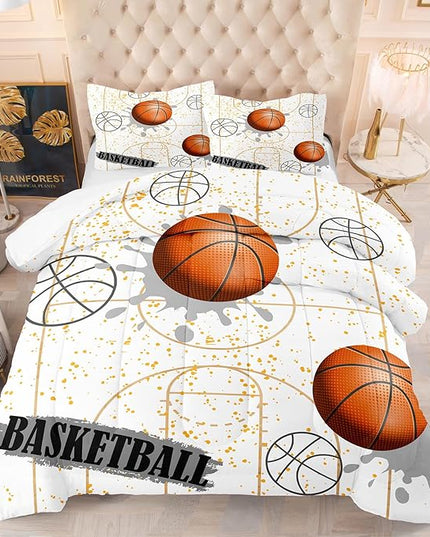 NINENINE White Basketball Comforter Sets for Teen Boys Full Size Sports Bedding White and Gold Comforter Sets with 1 Comforter 2 Pillowcases - LeafyLoom
