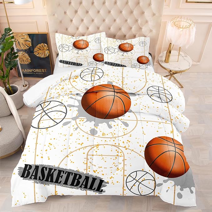 NINENINE White Basketball Comforter Sets for Teen Boys Full Size Sports Bedding White and Gold Comforter Sets with 1 Comforter 2 Pillowcases - LeafyLoom