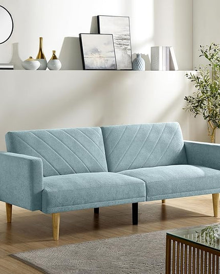 Folding Futon Sofa Tapered Wood Legs,Modern Space Saving Couch,Easily Converts to Single Bed,Easy Assembly,Multi-Functional Loveseat Ideal for Small Home Living Room,Blue, 76" - LeafyLoom