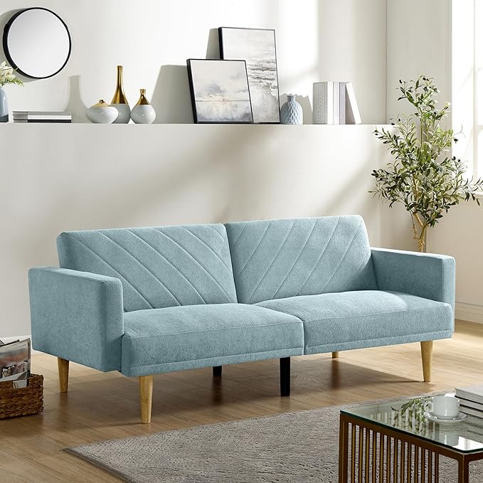 Folding Futon Sofa Tapered Wood Legs,Modern Space Saving Couch,Easily Converts to Single Bed,Easy Assembly,Multi-Functional Loveseat Ideal for Small Home Living Room,Blue, 76" - LeafyLoom