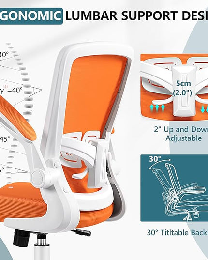 MINLOVE Office Chair Ergonomic Desk Chair with Adjustable Lumbar Support and Height, 90° Flip-up Armrests, Ergo Desk Chairs with Wheels, Home Work Use (Orange) - LeafyLoom