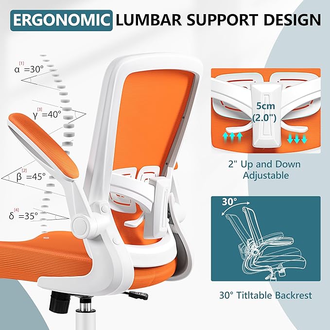 MINLOVE Office Chair Ergonomic Desk Chair with Adjustable Lumbar Support and Height, 90° Flip-up Armrests, Ergo Desk Chairs with Wheels, Home Work Use (Orange) - LeafyLoom