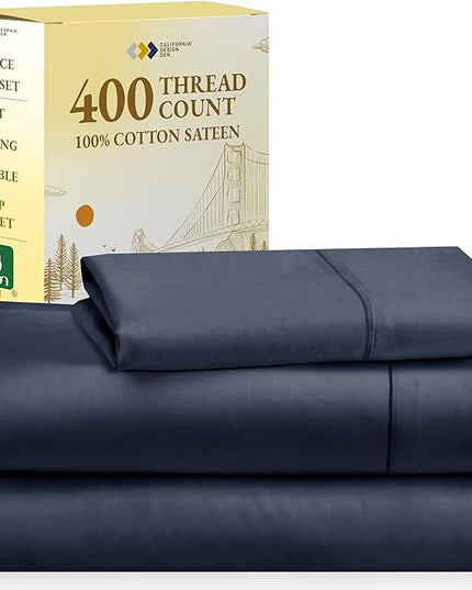 California Design Den 100% Cotton Sheets, Twin Sheets Set 3 Pc, 400 Thread Count Sateen, Bedding, Dorm Rooms & Adults, Deep Pocket Sheets, Cooling Sheets, Twin Bed Sheets (Indigo Navy Blue) - LeafyLoom