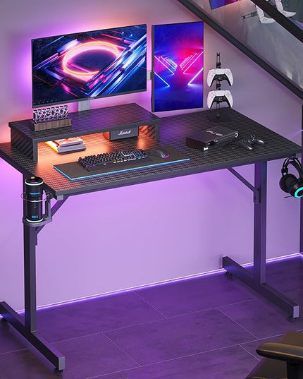 Bestier Small Gaming Desk with Monitor Stand, 42 inch LED Computer Desk, Gamer Workstation with Cup Holder & Headset Hooks, Modern Simple Style Desk for Home Office, Carbon Fiber Black - LeafyLoom