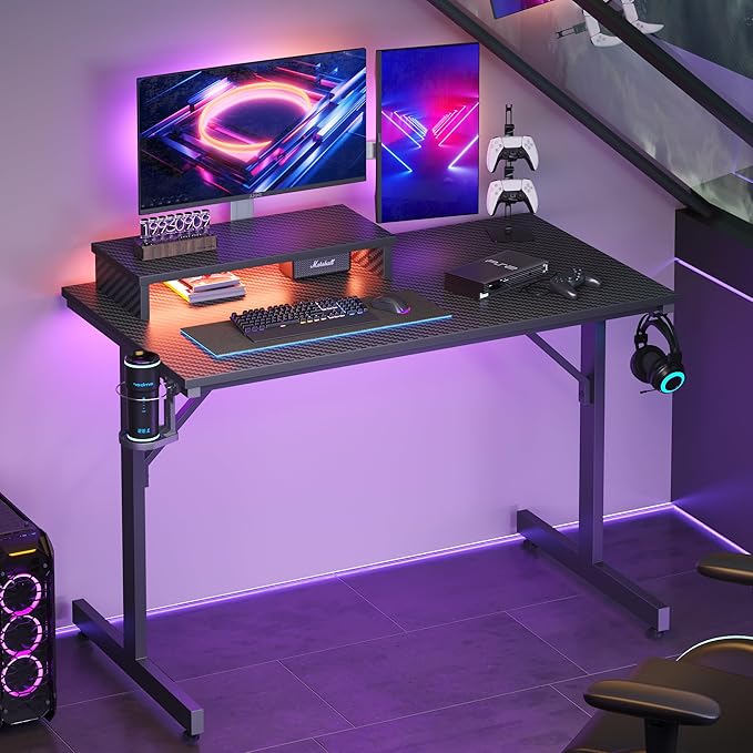 Bestier Small Gaming Desk with Monitor Stand, 42 inch LED Computer Desk, Gamer Workstation with Cup Holder & Headset Hooks, Modern Simple Style Desk for Home Office, Carbon Fiber Black - LeafyLoom