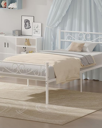 VECELO Twin Size Bed Frame with Headboard, 14 Inch Metal Platform Mattress Foundation, No Boxing Spring Needed, Squeak Resistant, Easy Assembly, White - LeafyLoom