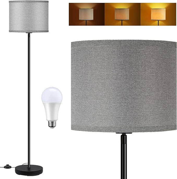 BoostArea Floor Lamps for Living Room, Black Standing Lamp, 58" Tall Lamps, 9W Bright Dimmable Floor Lamps, On/Off Foot Switch, Simple Modern Floor Lamp for Bedroom, Office, Kitchen -Grey Lampshade - LeafyLoom