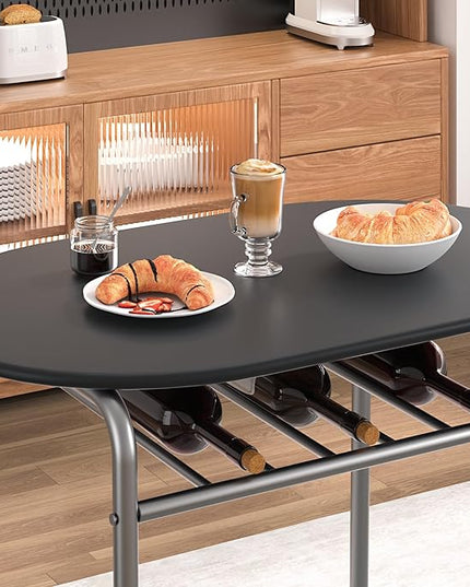 VECELO 3-Piece Dining Table Set for Kitchen Breakfast Nook, Wood Grain Oval Tabletop and Metal Frame with Built-in Wine Rack, for Small Spaces, 31.5", Black and Silver - LeafyLoom
