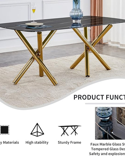 NicBex Large Modern Minimalist Rectangular Dining Table with 0.39 "Imitation Marble Black Desktop and Gold Metal Legs for Kitchen Dining Living Meeting Room Banquet Halls, Black - LeafyLoom