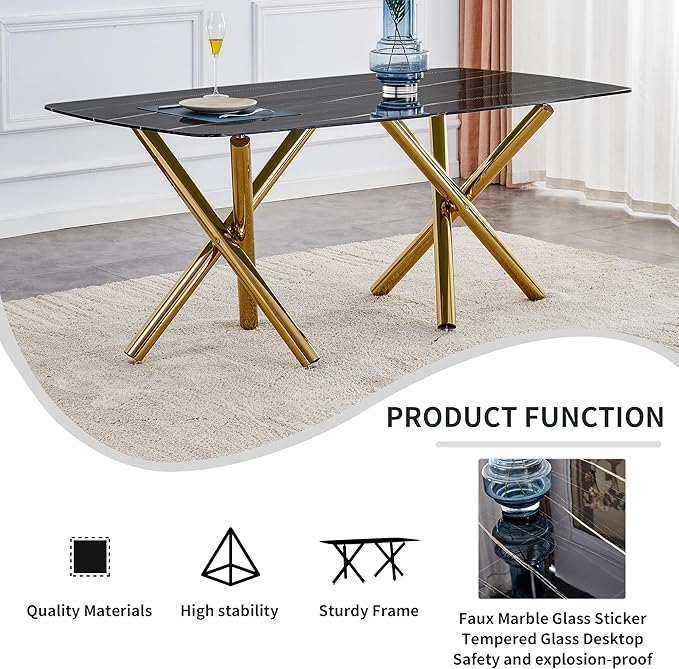 NicBex Large Modern Minimalist Rectangular Dining Table with 0.39 "Imitation Marble Black Desktop and Gold Metal Legs for Kitchen Dining Living Meeting Room Banquet Halls, Black - LeafyLoom