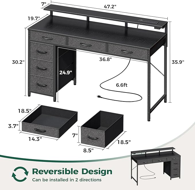 Gaming Desk with 6 Drawers, Computer Desk with LED Lights Power Outlets and Type-C, 47 Inch Office Desk with Storage, Monitor Stand, Writing Desk Work Desk Home Office, Bedroom, Study, Black - LeafyLoom