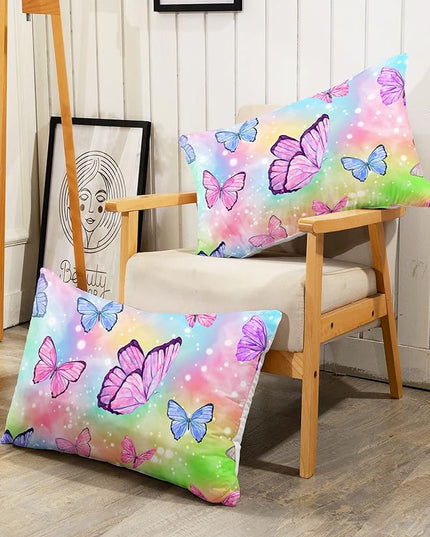 Datura home Bedding Comforter Set Rainbow Watercolor Butterfly Printed Pattern Quilt with 1 and 2 Pillowcases for Girls Bedroom All Season(Butterfly Queen) Queen 90x90inches - LeafyLoom